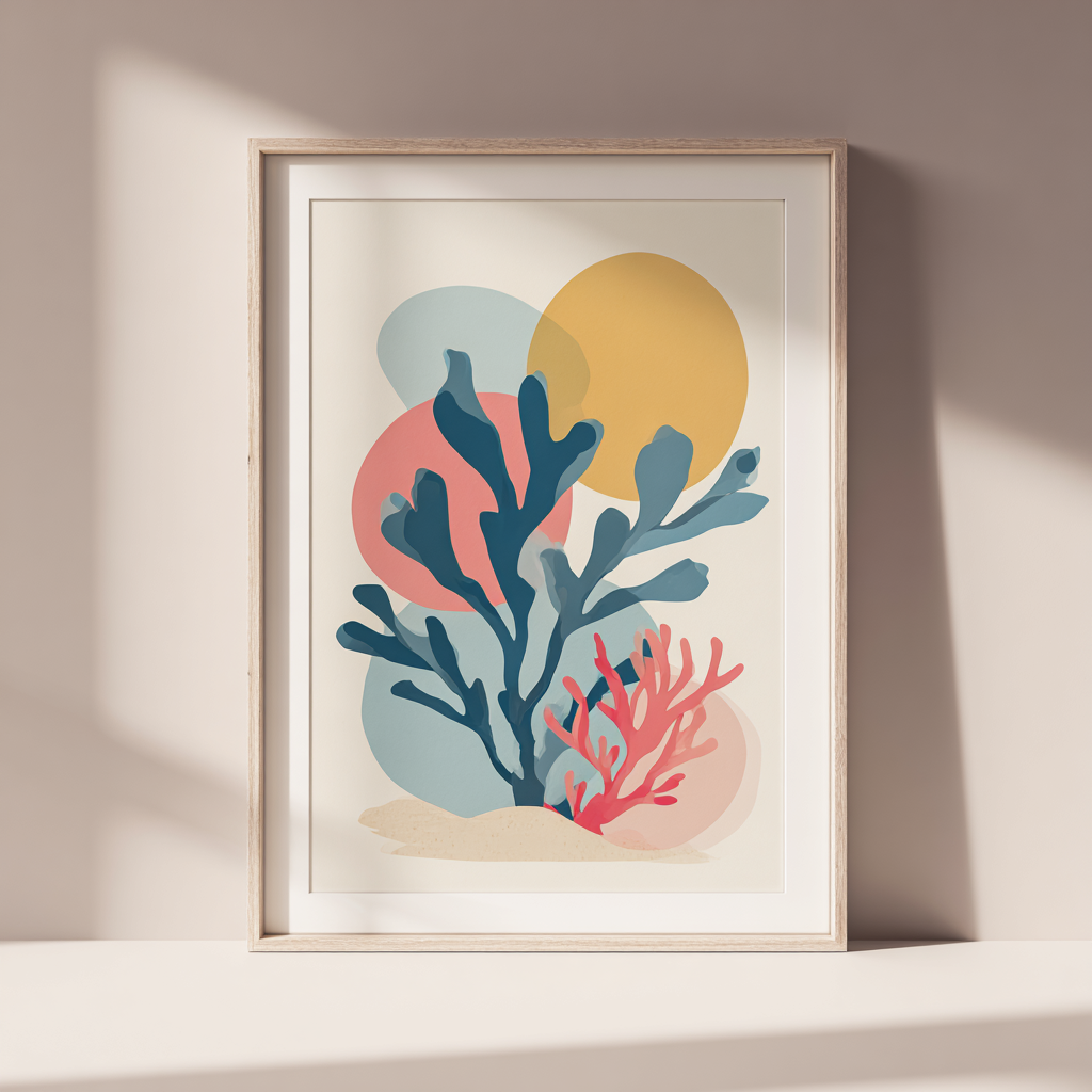 Framed coral print on display